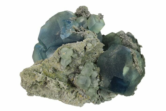 Blue-Green Cuboctahedral Fluorite on Sparkling Quartz - China #160696